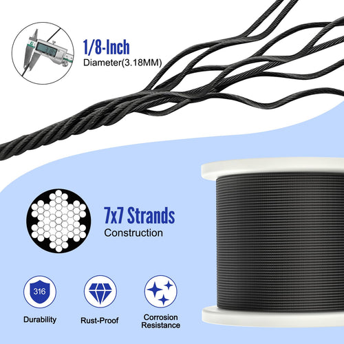 1000FT 1/8" Black Stainless Steel Cable H517