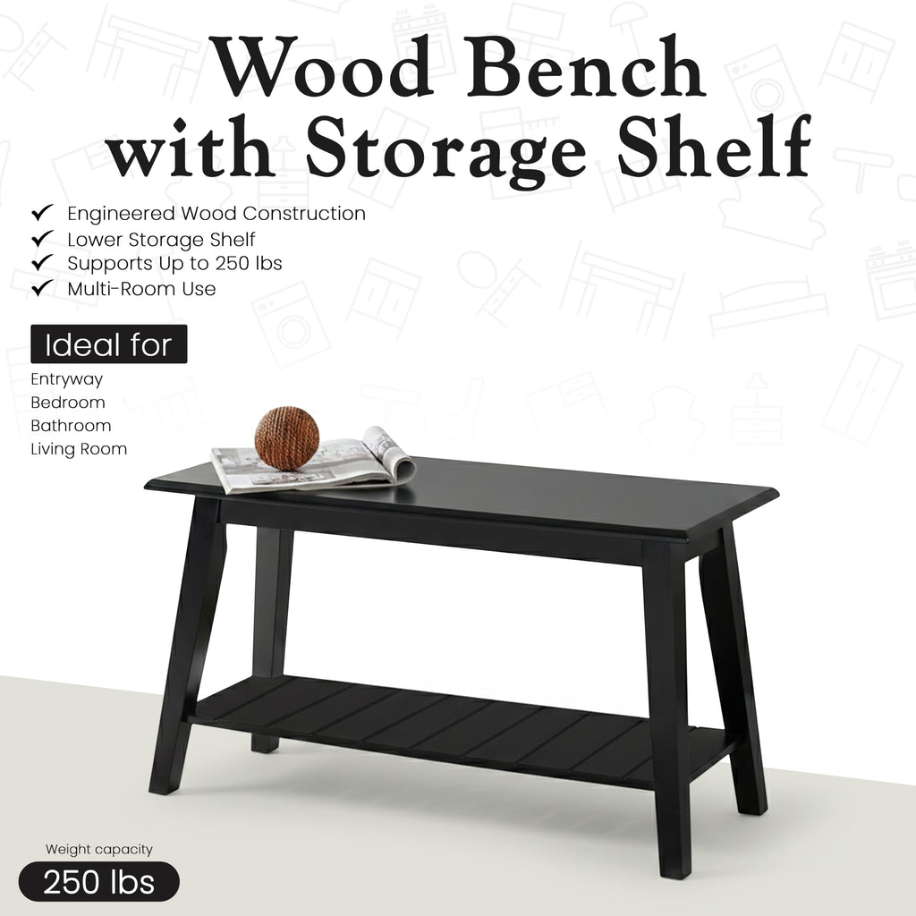 Black Wood Shoe Bench with Storage Shelf W524