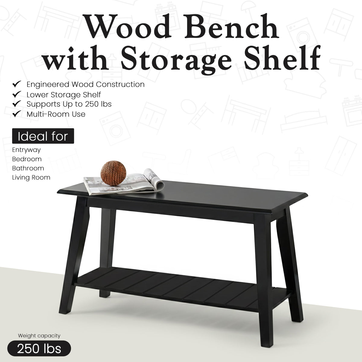 Black Wood Shoe Bench with Storage Shelf W524
