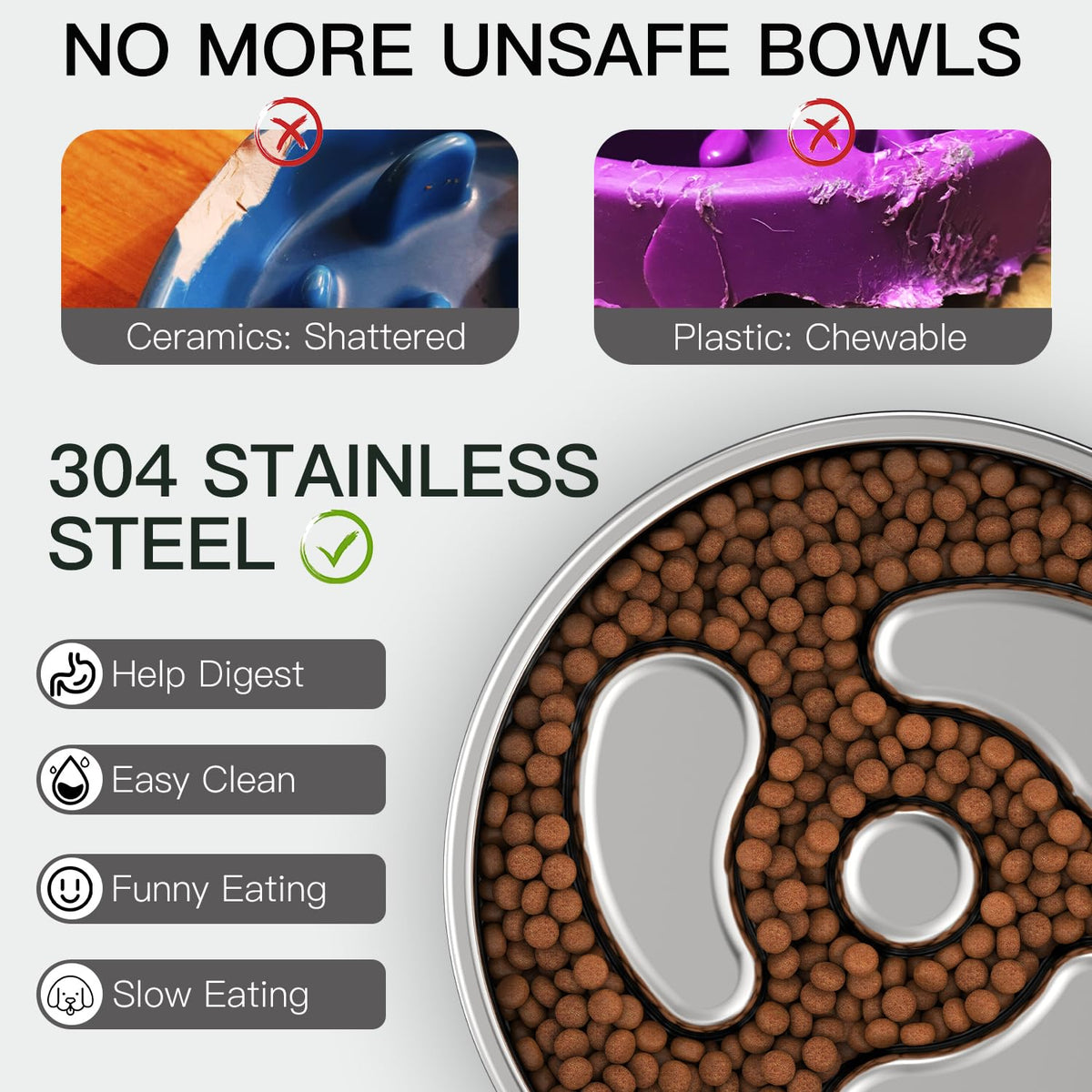 Slow Feeder Dog Bowl 304 Stainless Steel Non-Slip C2909