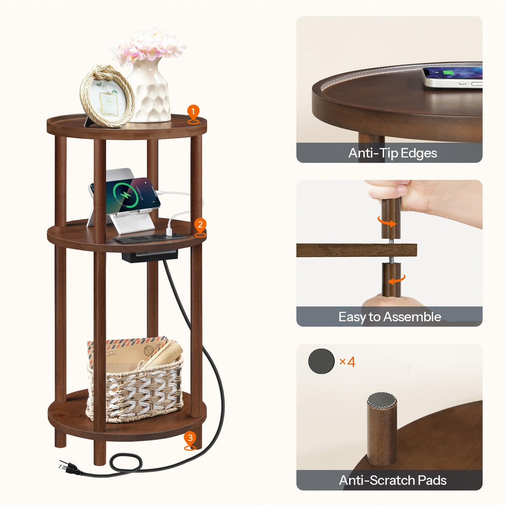 Set of 2 Round Bamboo Side Tables with Charging Station Y1523