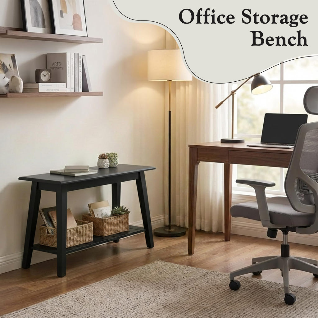 Black Wood Shoe Bench with Storage Shelf W524