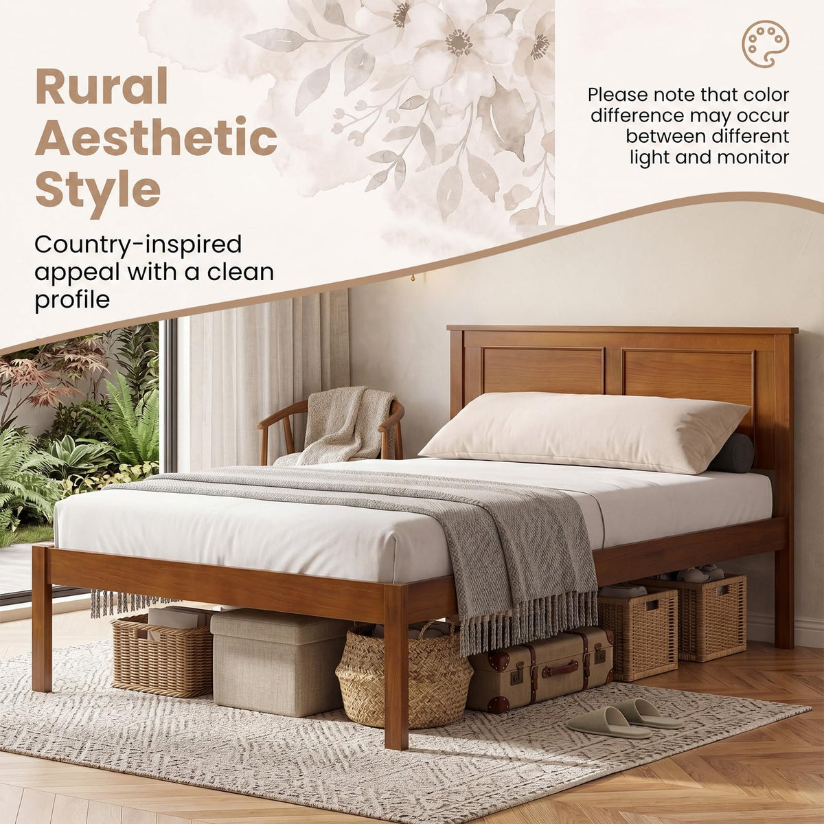 Twin Size Wooden Platform Bed with Headboard C308882