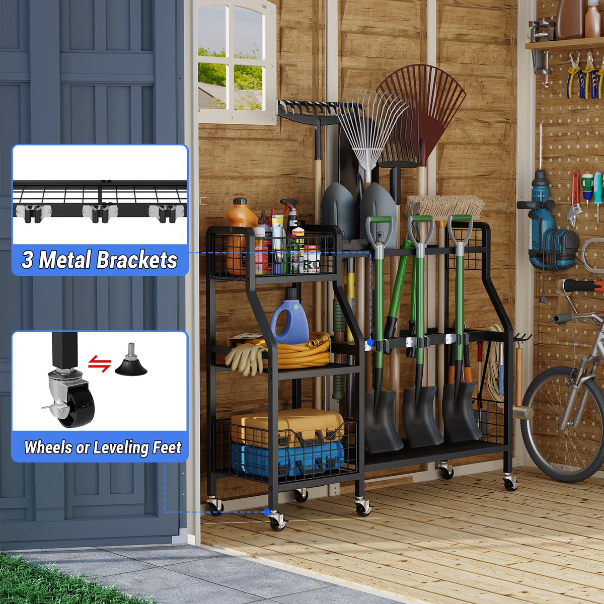 Heavy-Duty Garden Tool Organizer with 6 Wheels and 2 Baskets J8682