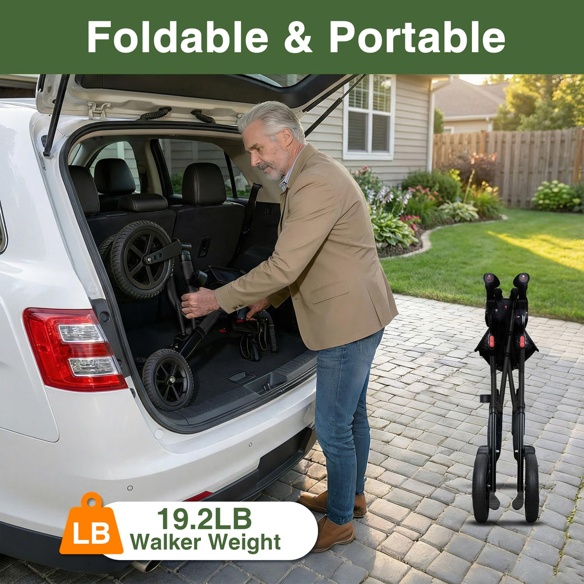 Black Foldable Rollator Walker with Seat, Backrest, 12" Rubber Wheels R25730
