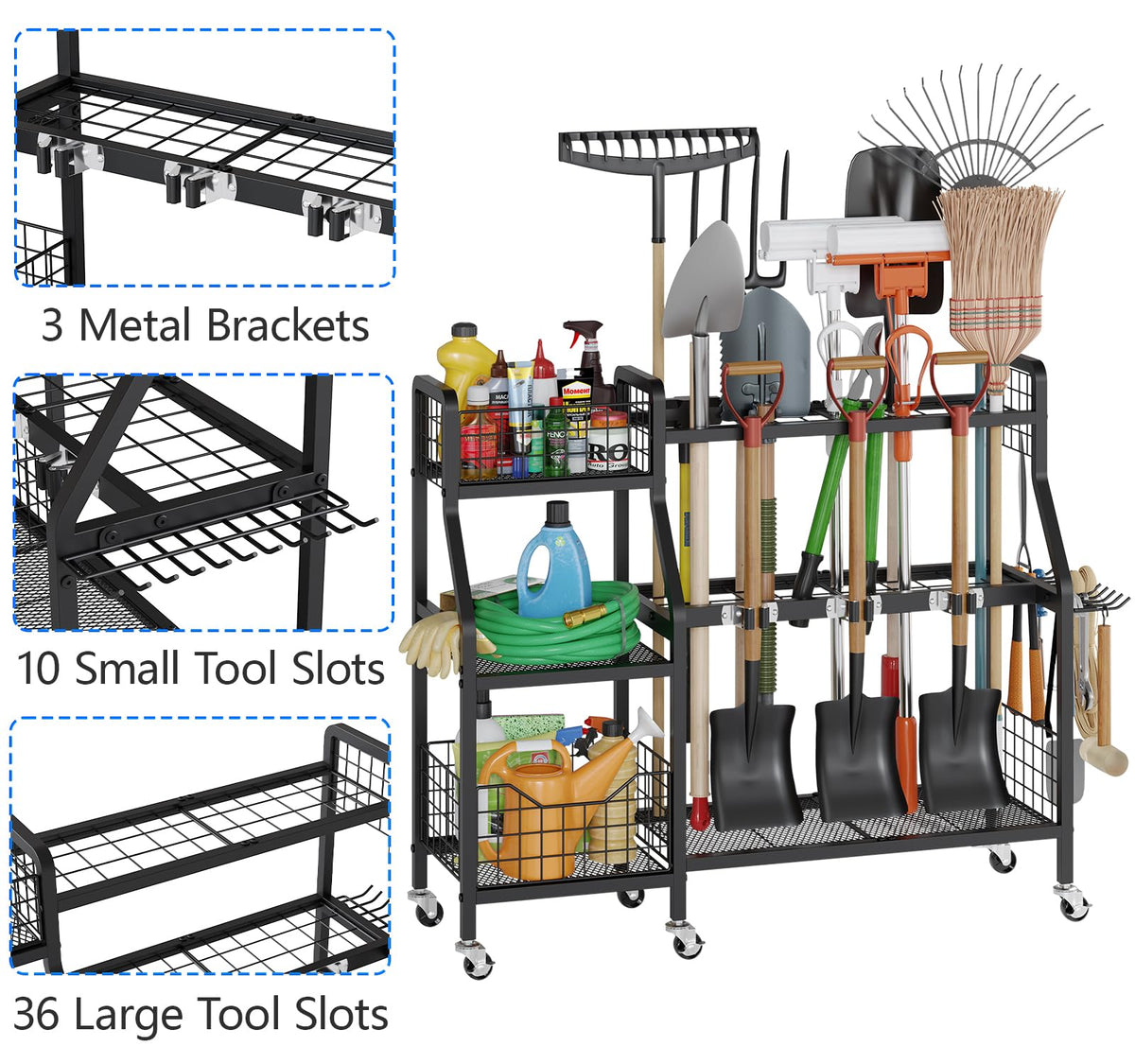 Heavy-Duty Garden Tool Organizer with 6 Wheels and 2 Baskets J8682