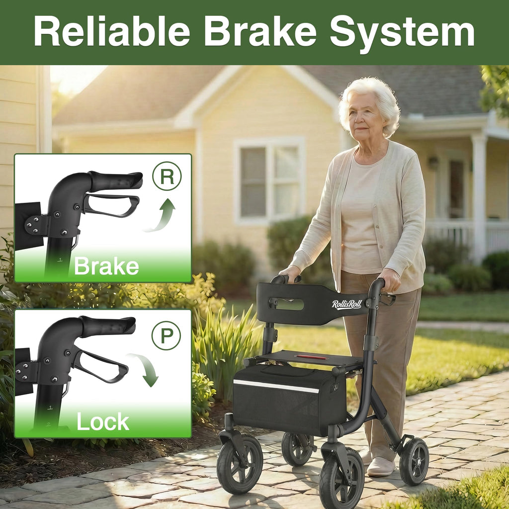 Black Foldable Rollator Walker with Seat, Backrest, 12" Rubber Wheels R25730