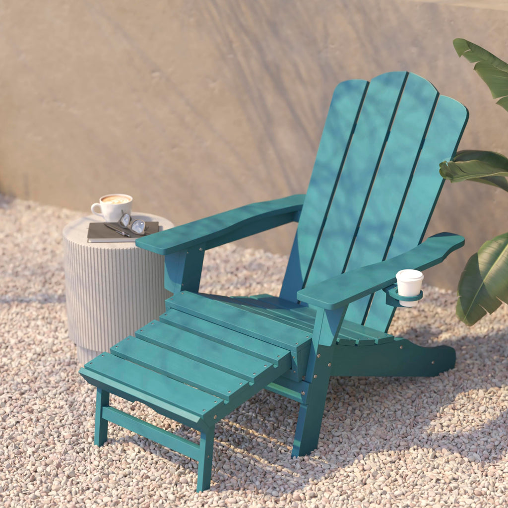 Blue HDPE Adirondack Chair with Cup Holder and Ottoman L669