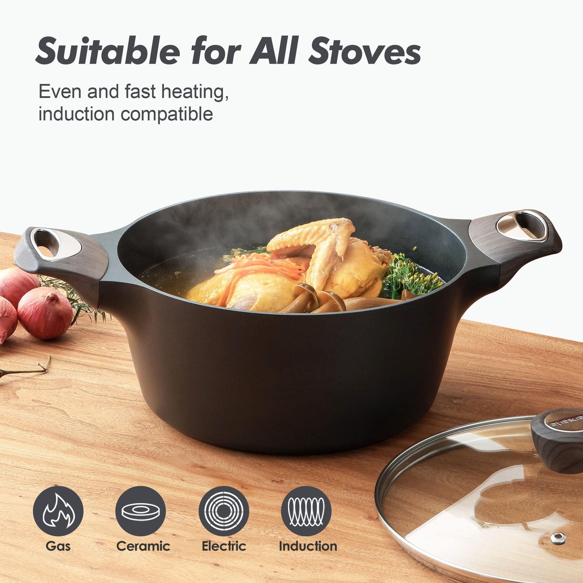 Nonstick Stock Pot with Lid 6.6 QT Black Y228