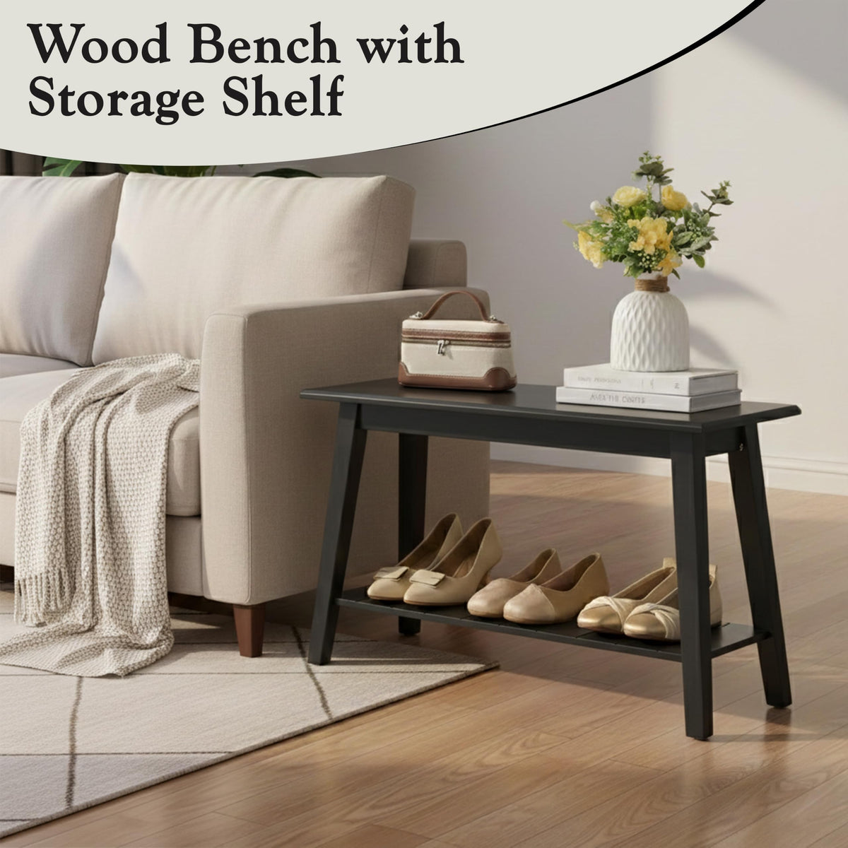 Black Wood Shoe Bench with Storage Shelf W524