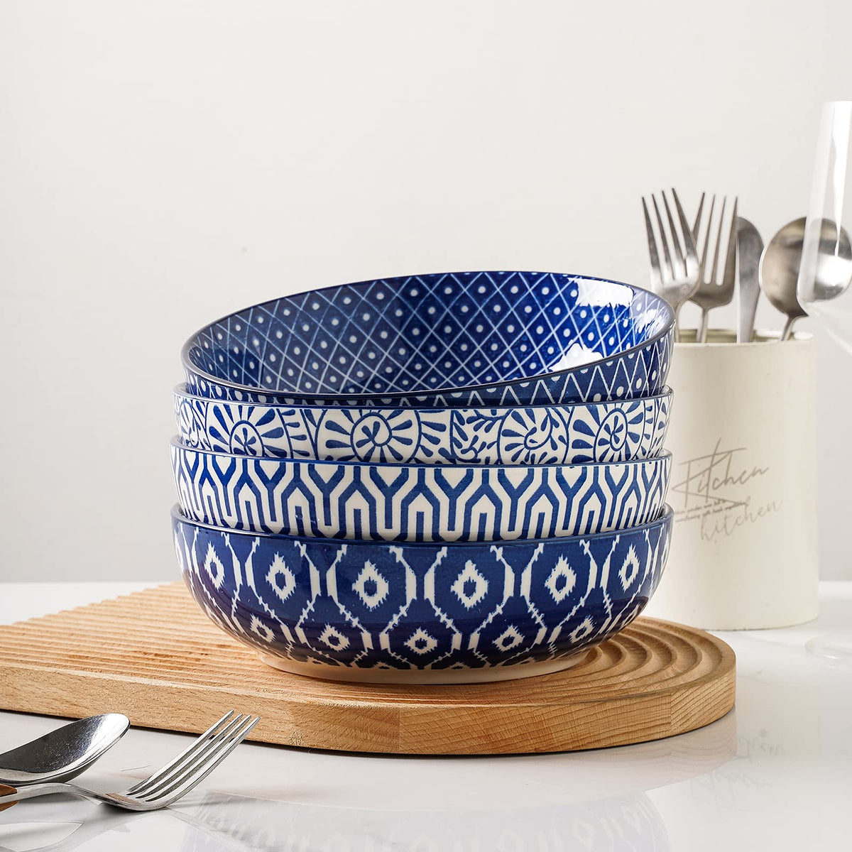 Ceramic Pasta Bowls Set of 4, 30 OZ Vintage Blue F77289