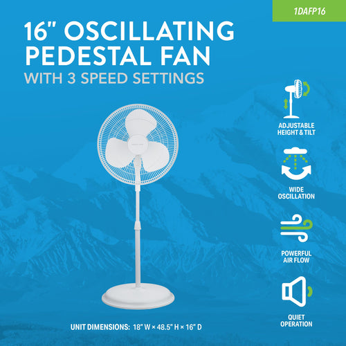 16" Oscillating Pedestal Fan with 3 Speed Settings, White F141828