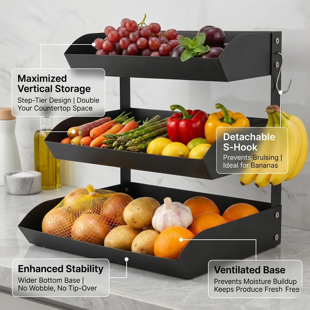 3-Tier Metal Fruit Basket with Banana Holder M106307