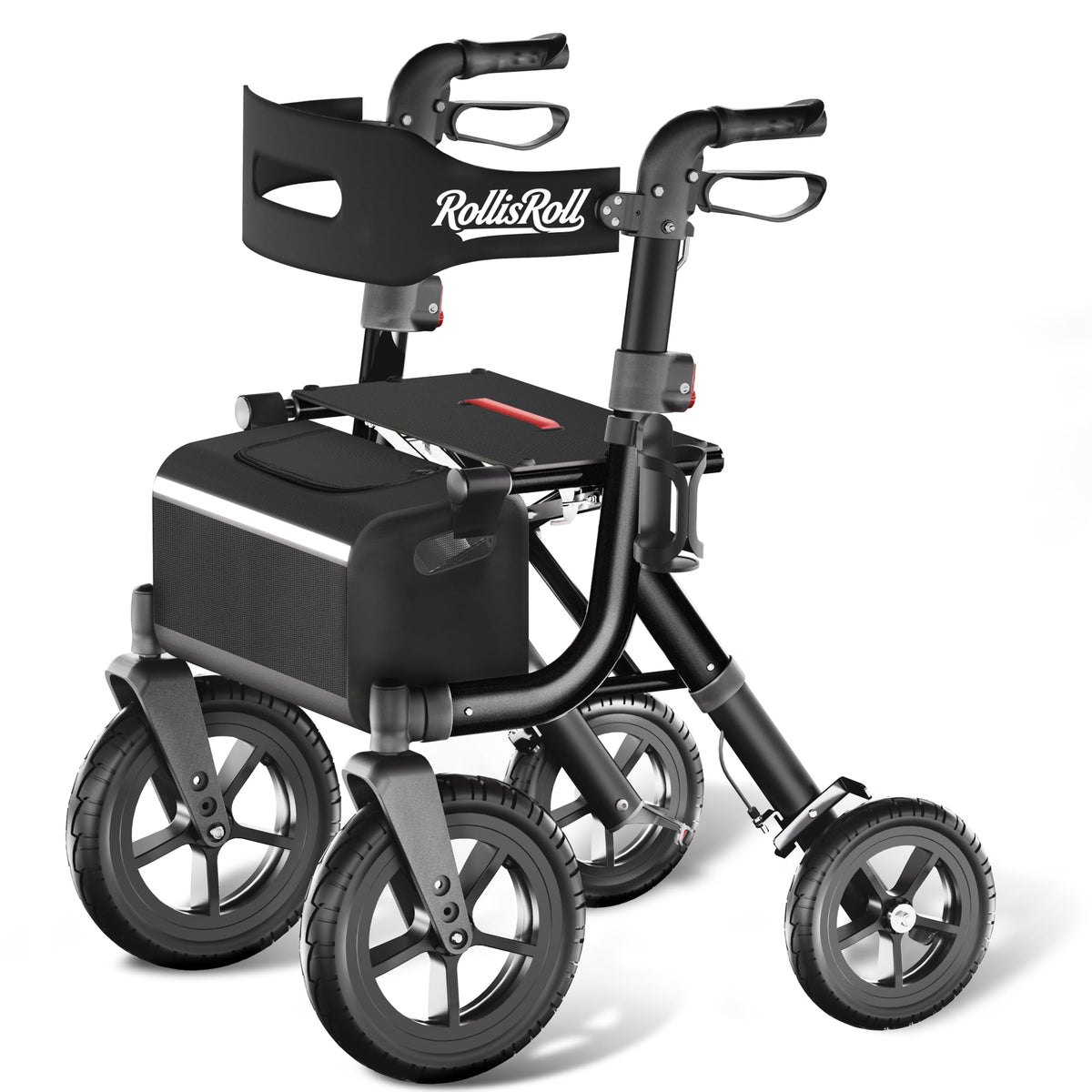 Black Foldable Rollator Walker with Seat, Backrest, 12" Rubber Wheels R25730