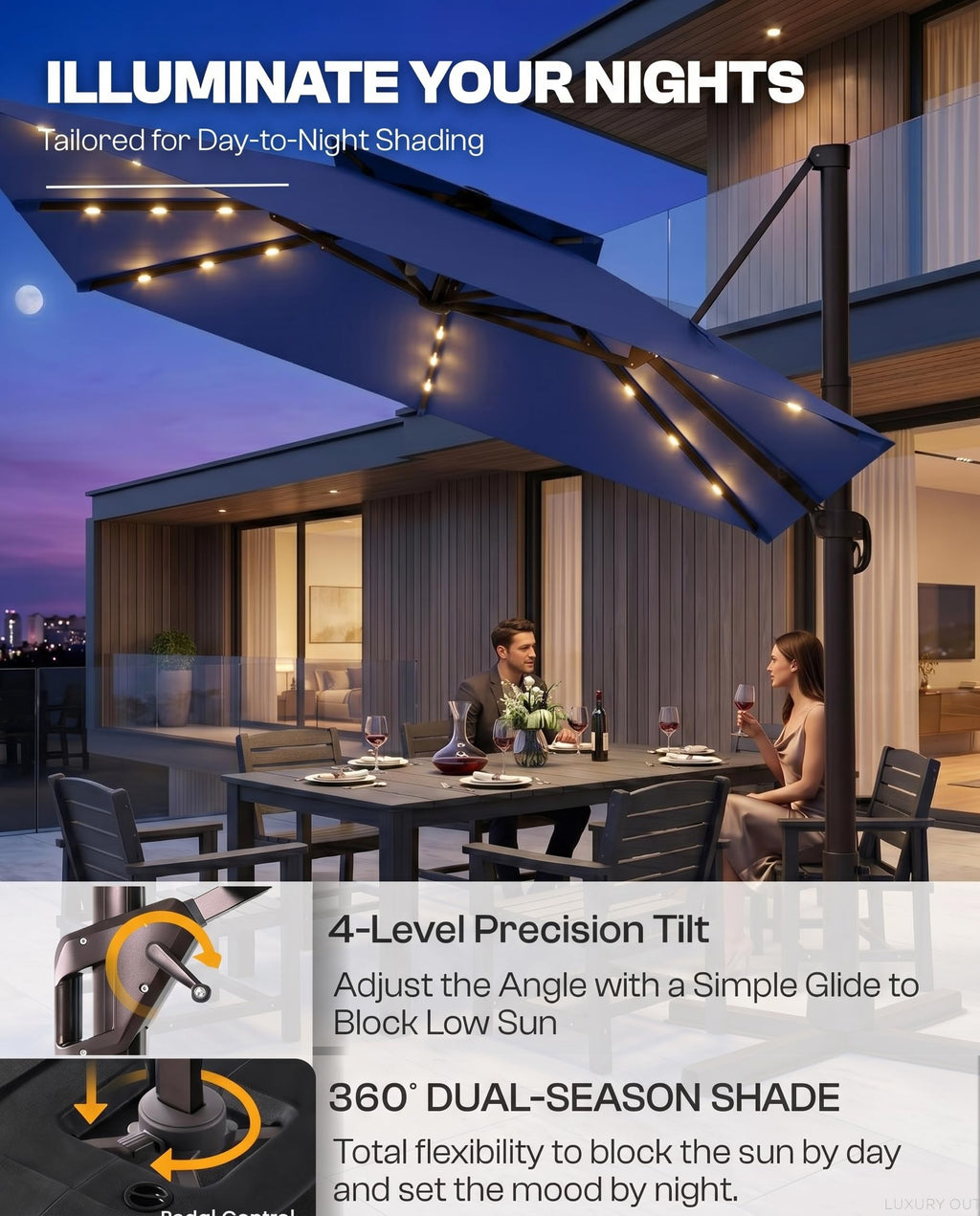 11x11 FT Double-Top Cantilever Patio Umbrella with Lights N85778