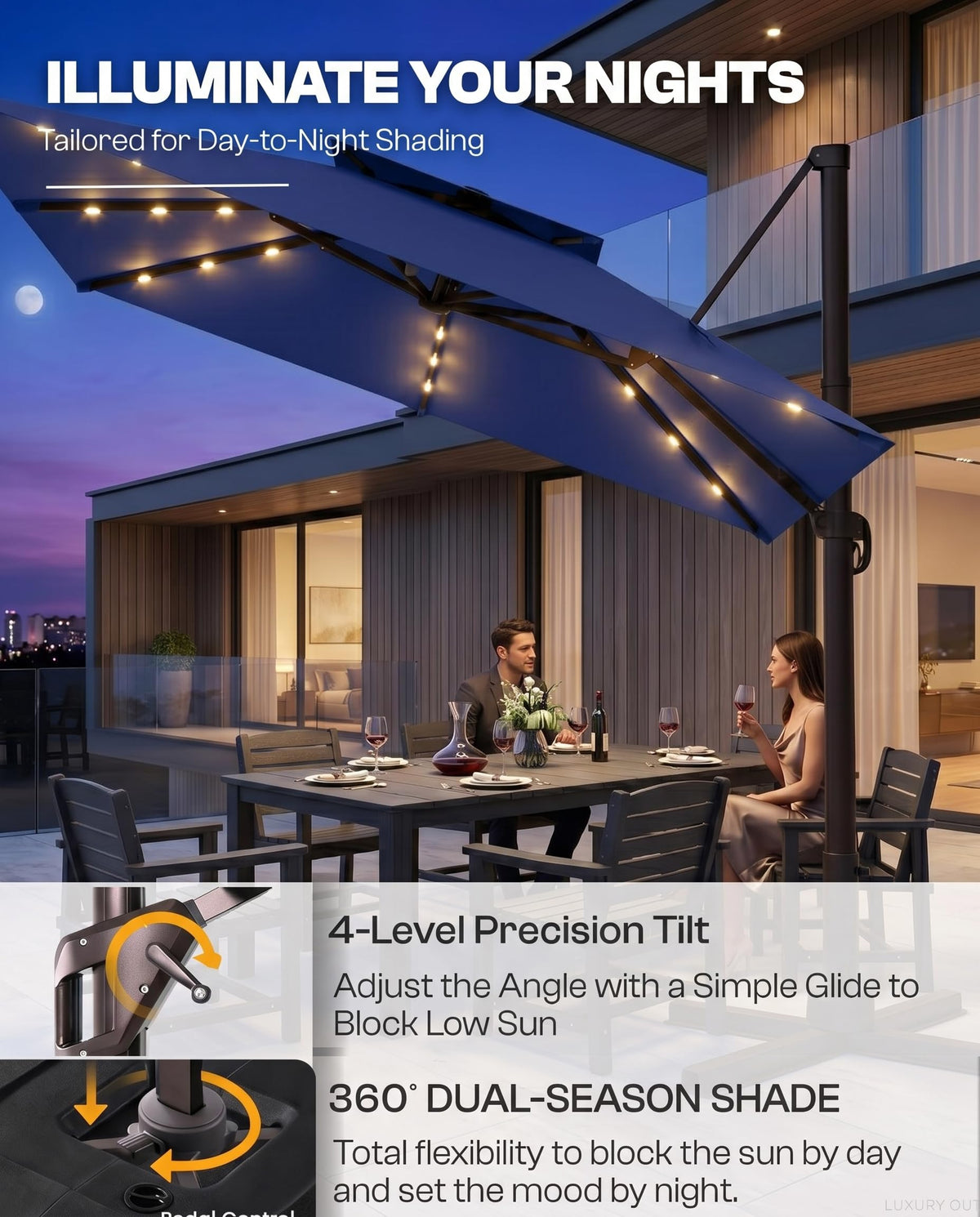11x11 FT Double-Top Cantilever Patio Umbrella with Lights N85778