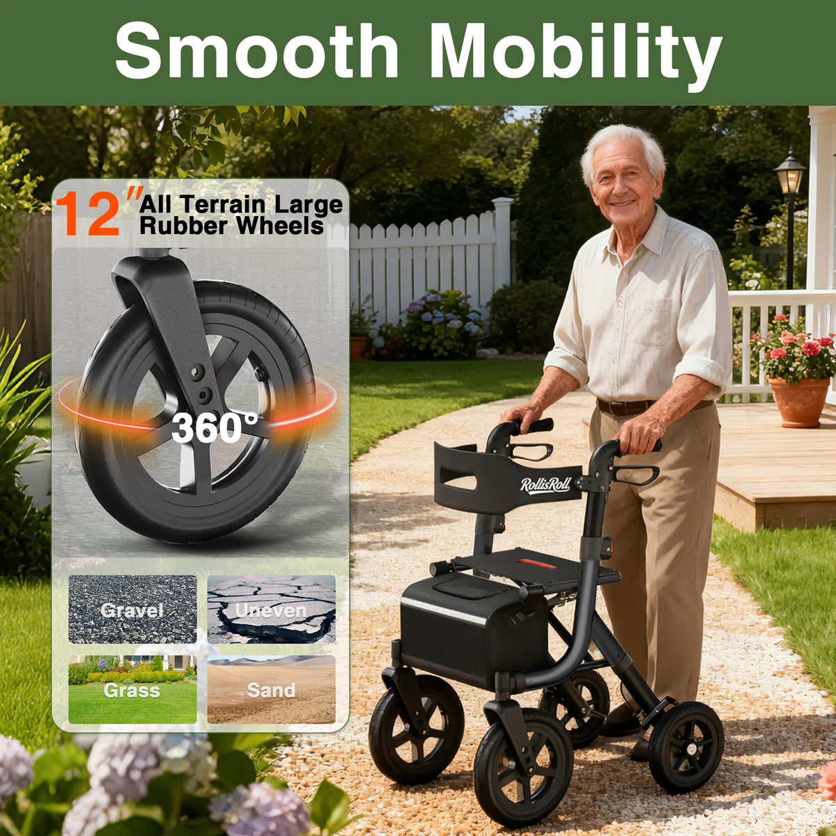 Black Foldable Rollator Walker with Seat, Backrest, 12" Rubber Wheels R25730