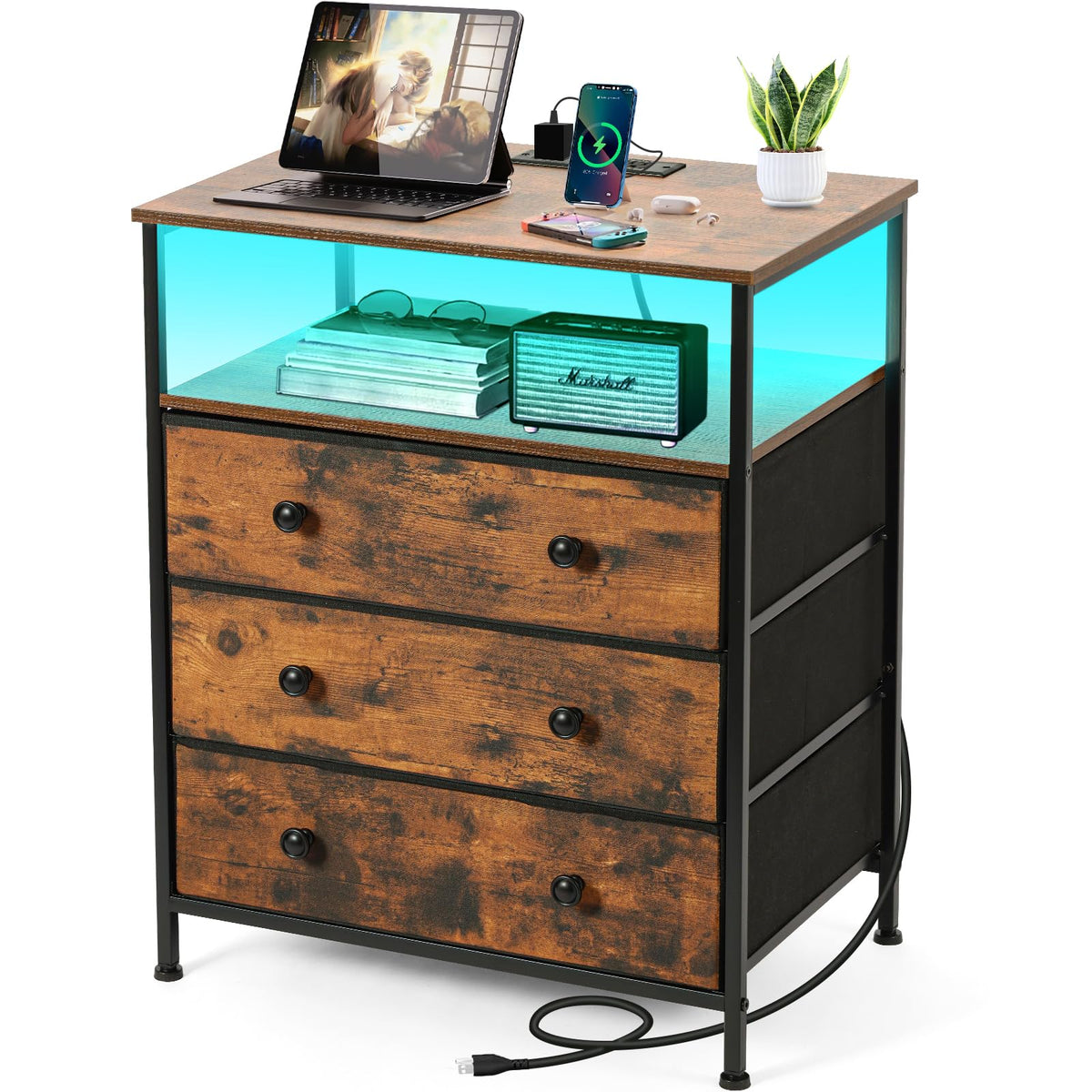 3-Drawer LED Nightstand with Charging Station L6616