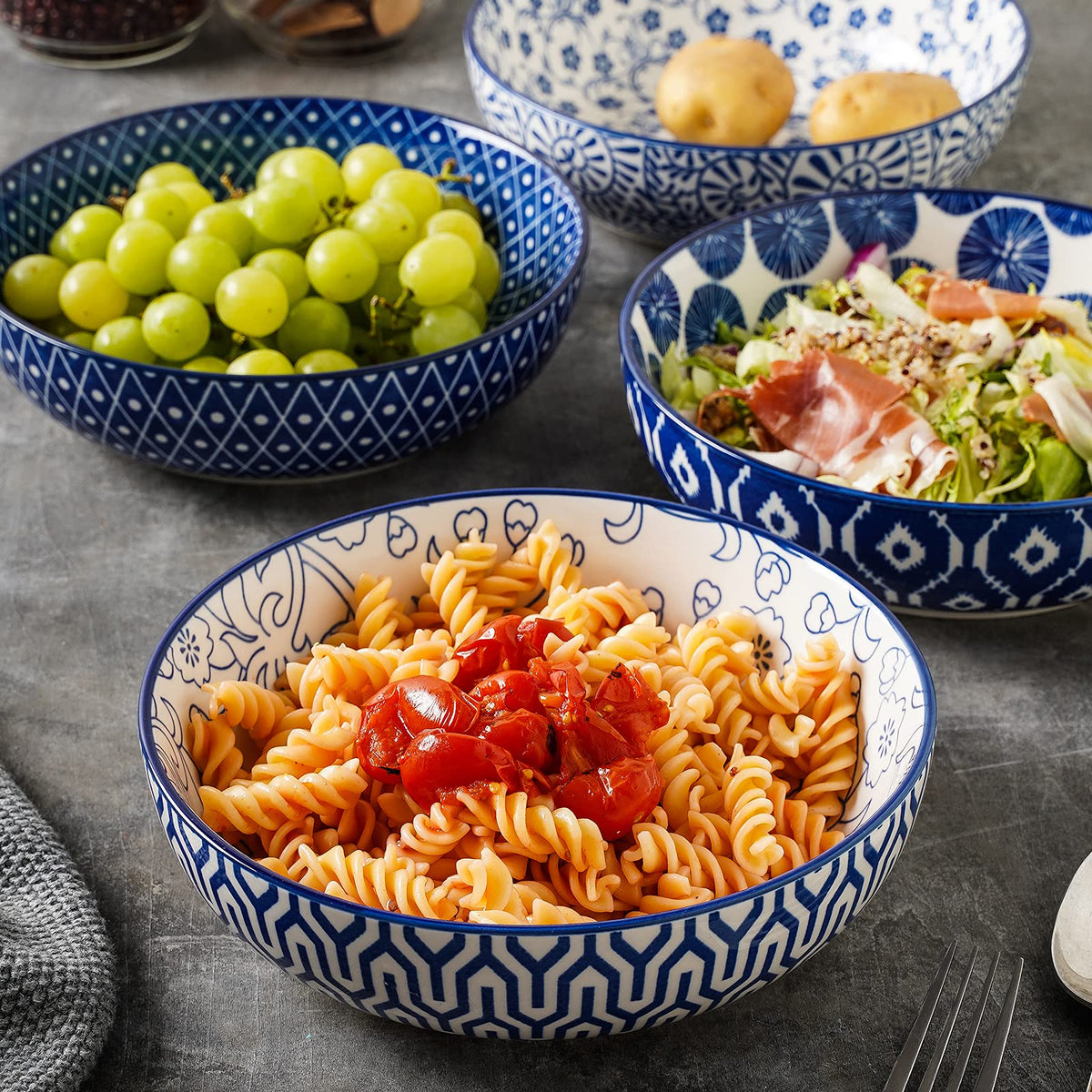 Ceramic Pasta Bowls Set of 4, 30 OZ Vintage Blue F77289