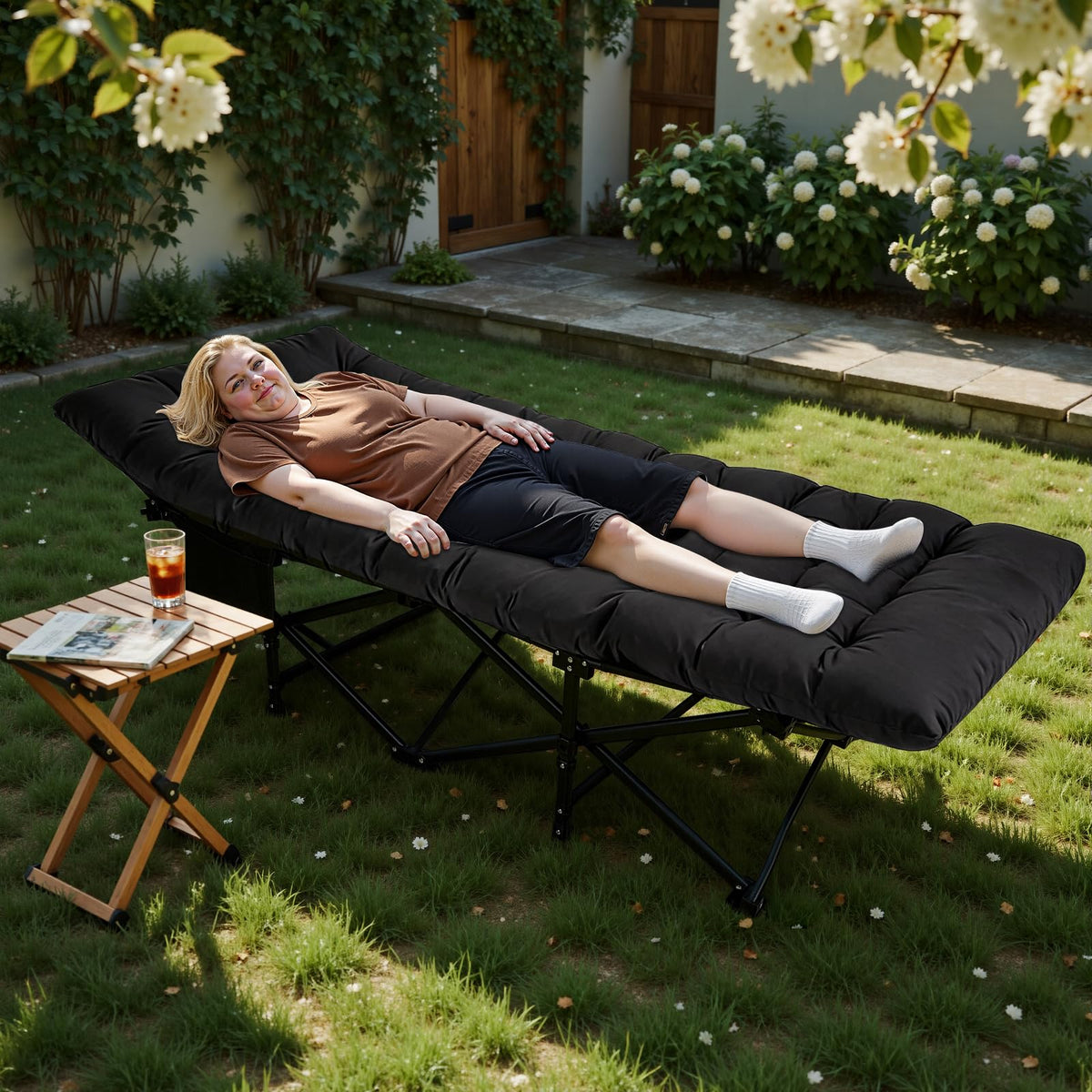 Camping Cot with Thick Mattress and Side Pocket, Black O111757