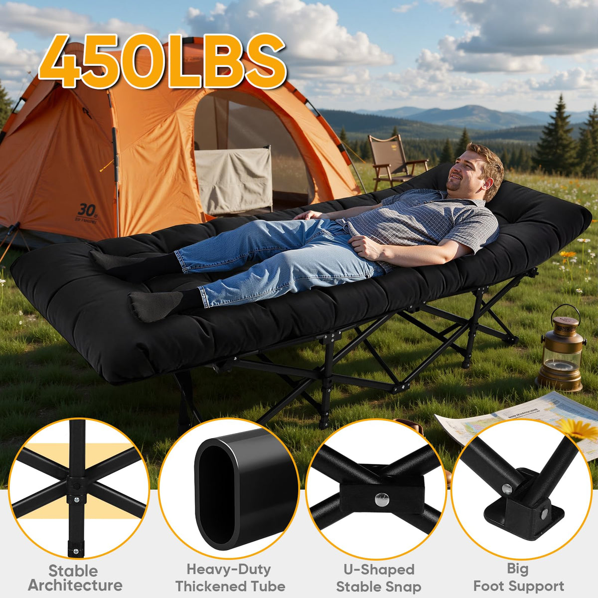 Camping Cot with Thick Mattress and Side Pocket, Black O111757