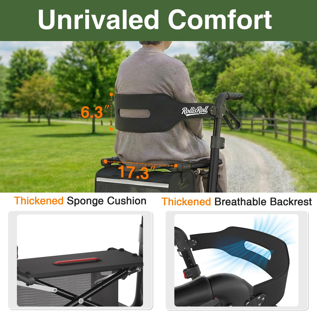 Black Foldable Rollator Walker with Seat, Backrest, 12" Rubber Wheels R25730