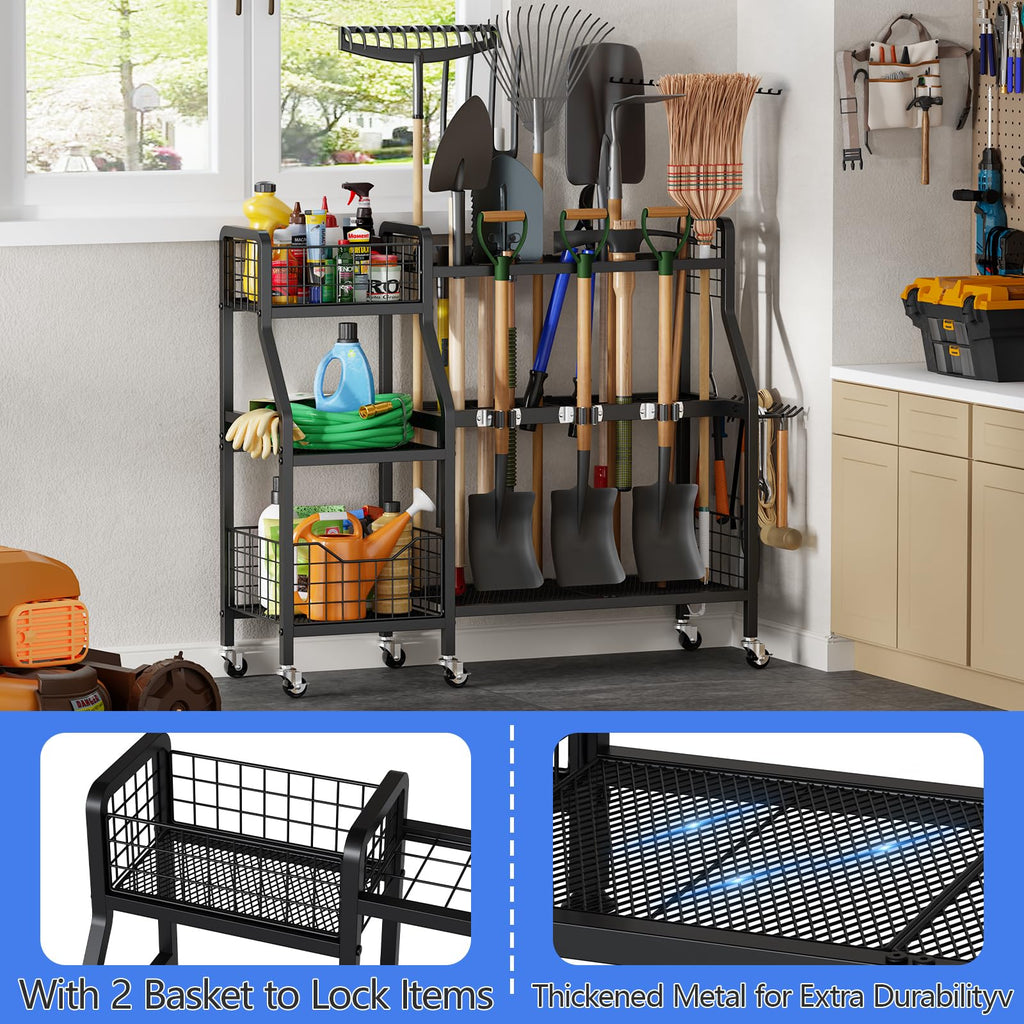 Heavy-Duty Garden Tool Organizer with 6 Wheels and 2 Baskets J8682