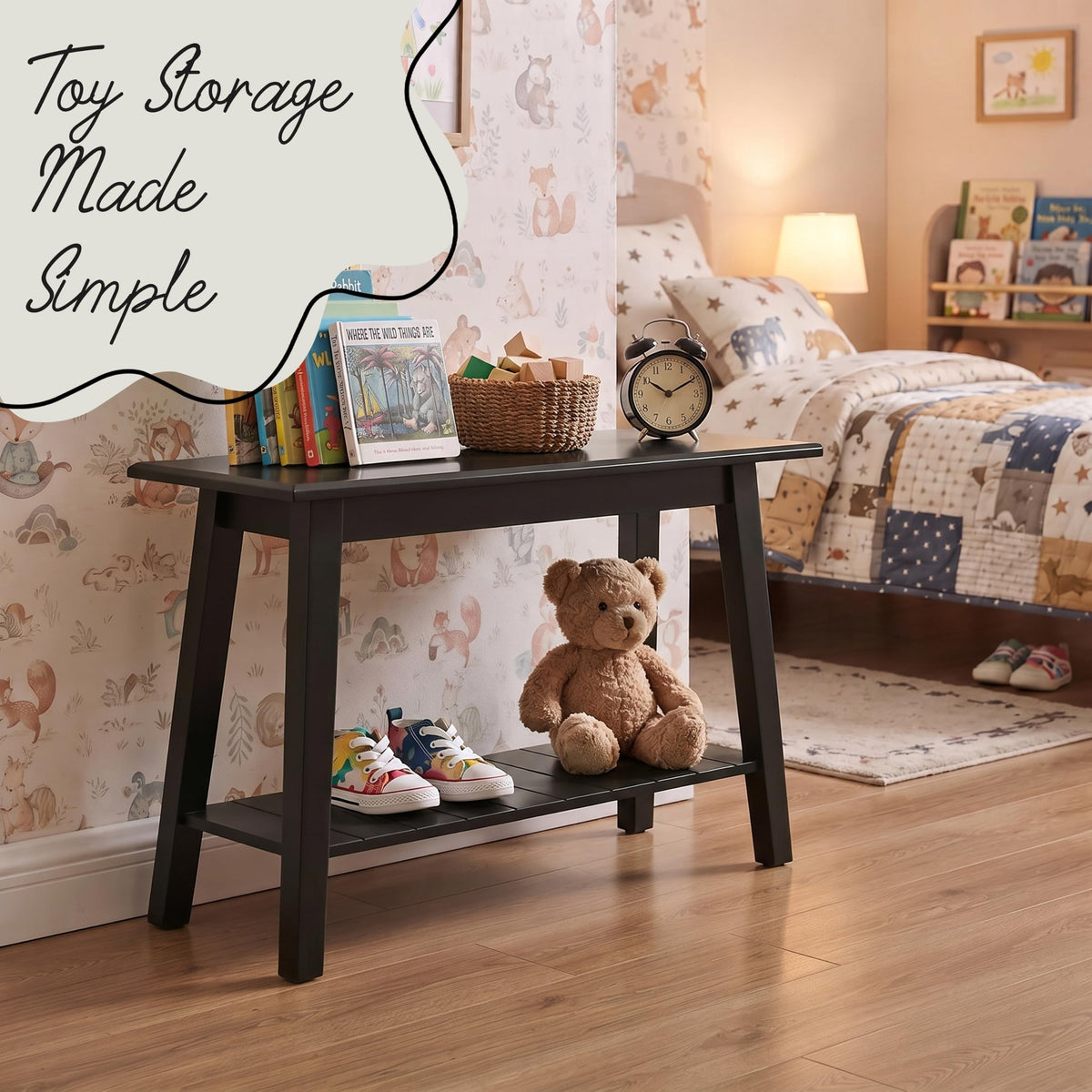 Black Wood Shoe Bench with Storage Shelf W524