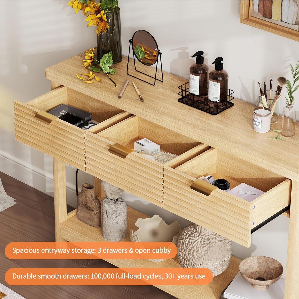 47.2" Narrow Console Table with 3 Drawers & Charging Station, Oak P87184