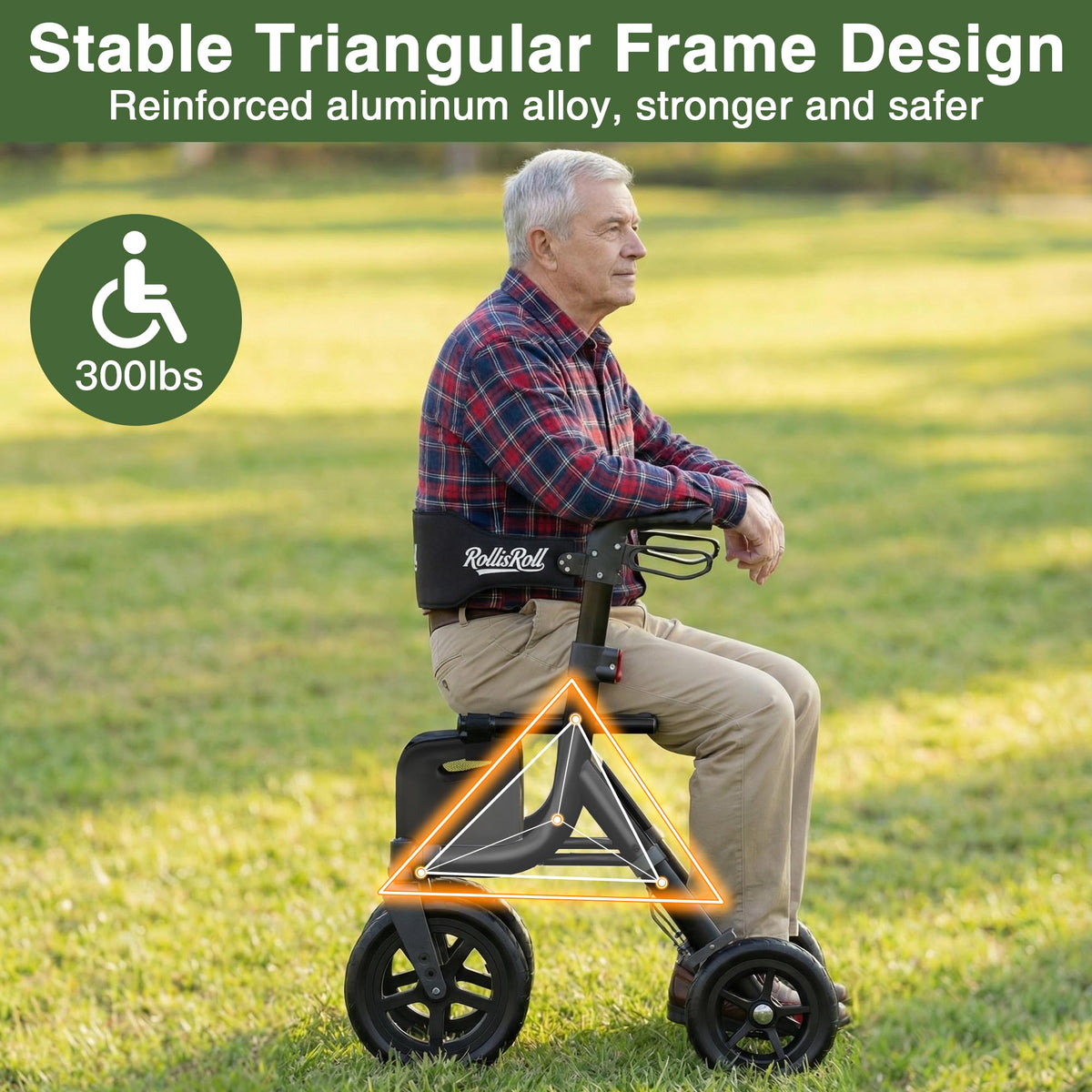 Black Foldable Rollator Walker with Seat, Backrest, 12" Rubber Wheels R25730