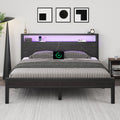 Full Size Bed Frame with Storage Headboard and LED Lights Y9142