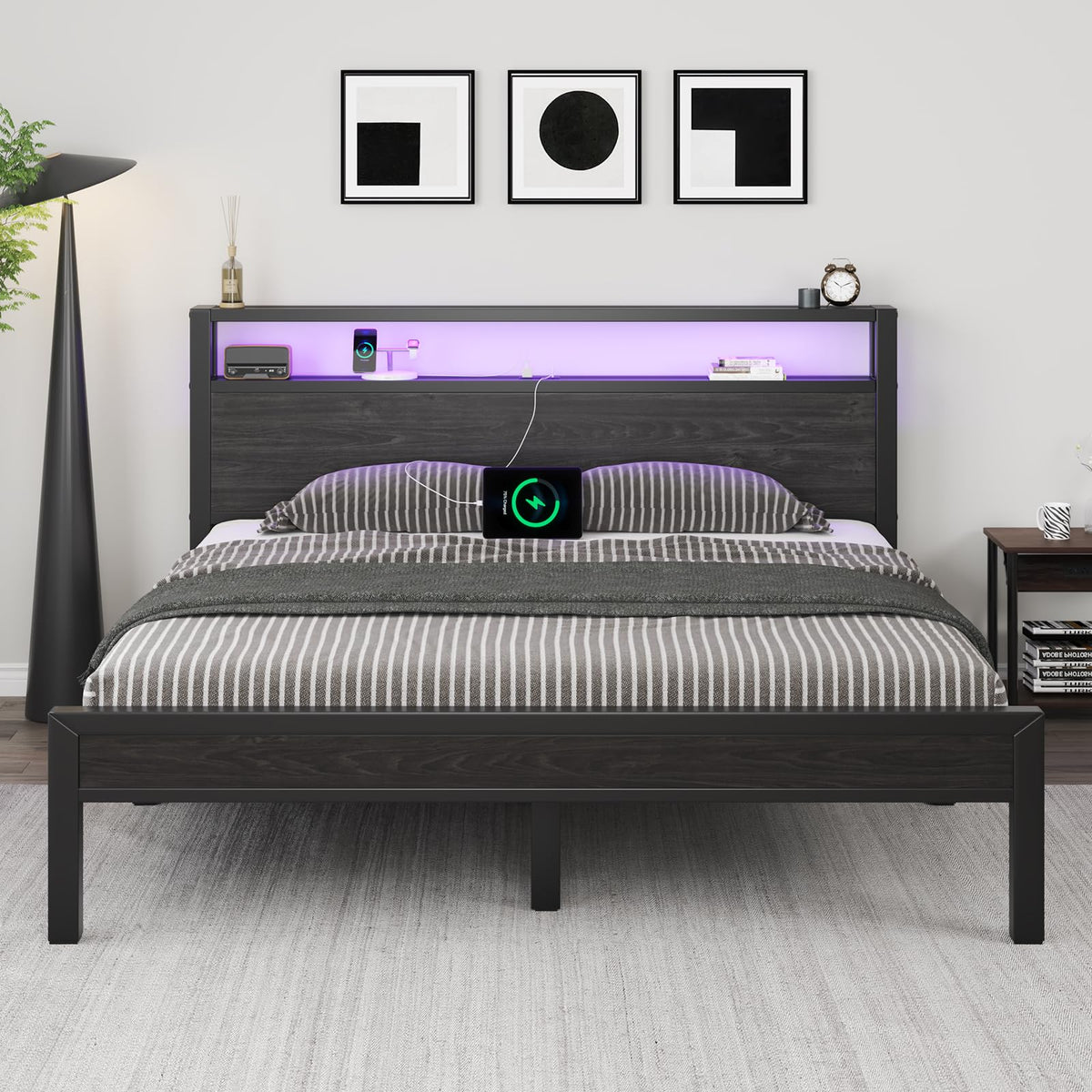 Full Size Bed Frame with Storage Headboard and LED Lights Y9142