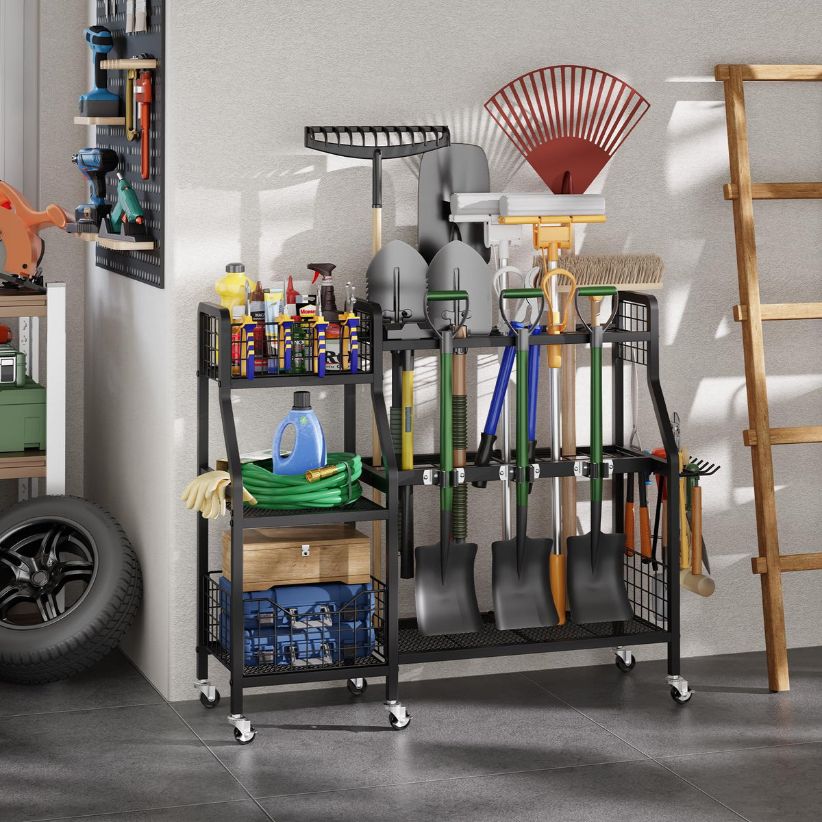 Heavy-Duty Garden Tool Organizer with 6 Wheels and 2 Baskets J8682