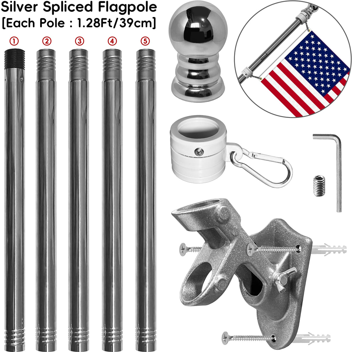 6 FT Stainless Steel Flag Pole Kit, 2 Packs U7379