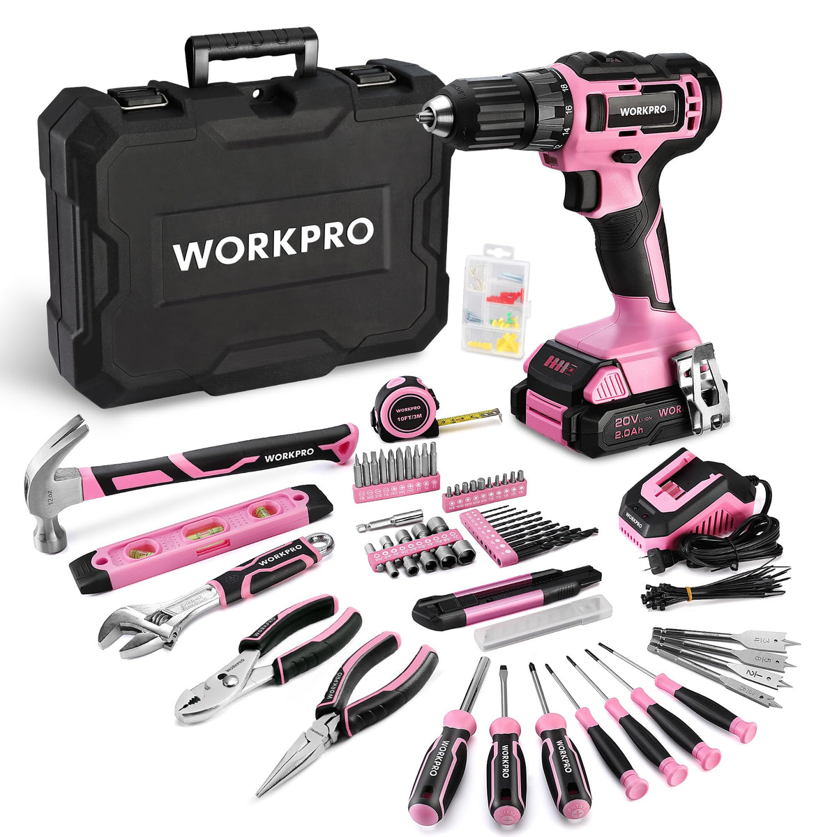 Pink Cordless Drill and 141-Piece Home Tool Kit S6907