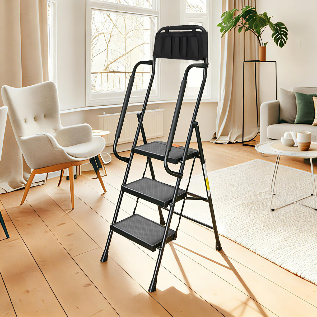 3 Step Folding Step Ladder with Handrails, 500 Lbs Capacity, Black Y41075