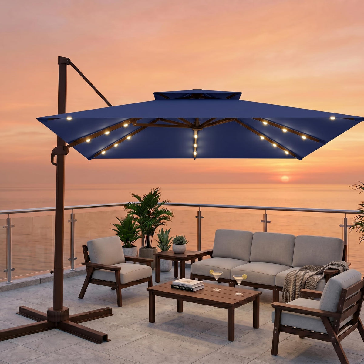 11x11 FT Double-Top Cantilever Patio Umbrella with Lights N85778