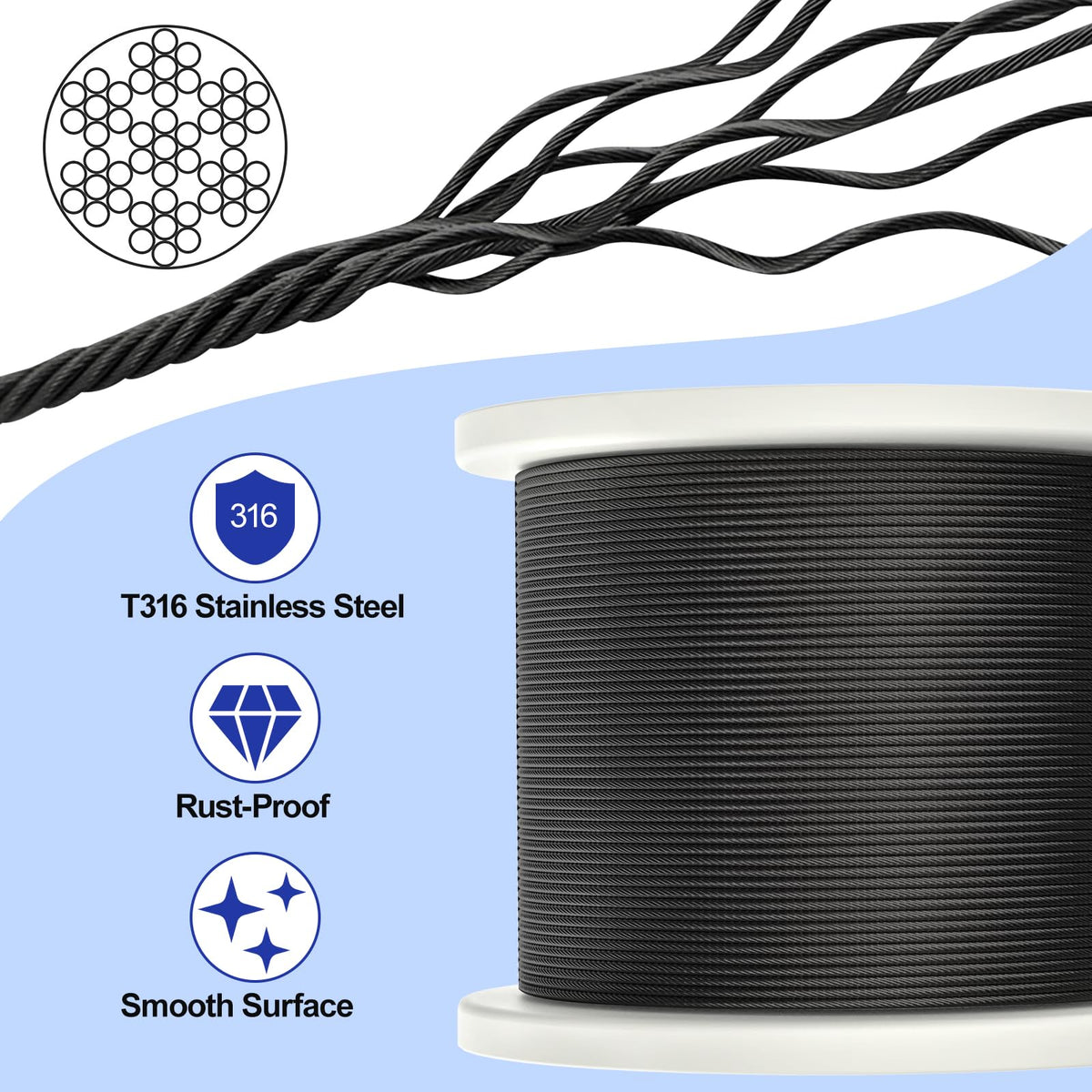 1000FT 1/8" Black Stainless Steel Cable H517