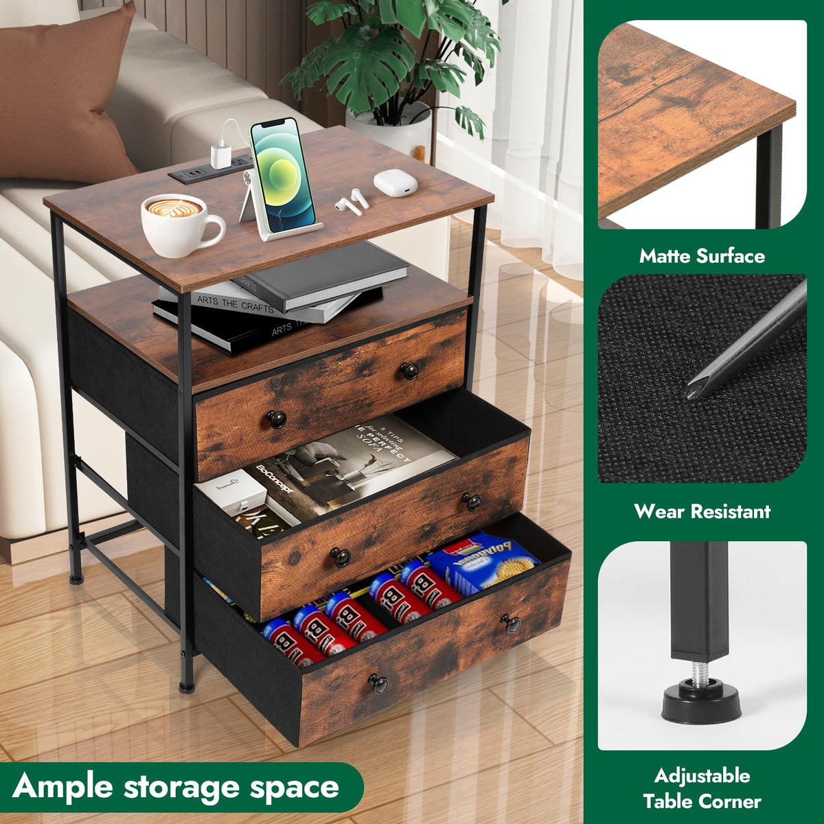 3-Drawer LED Nightstand with Charging Station L6616