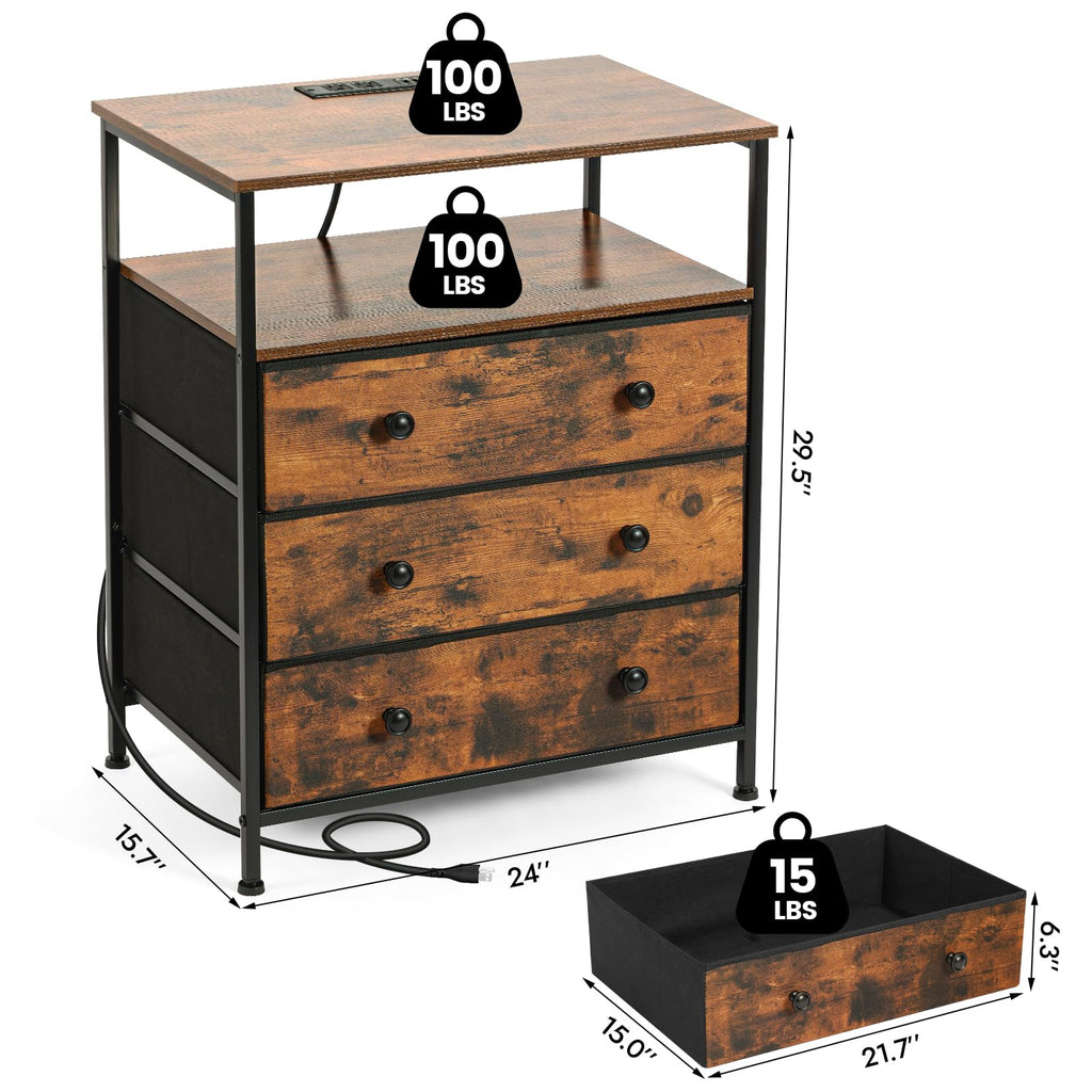 3-Drawer LED Nightstand with Charging Station L6616