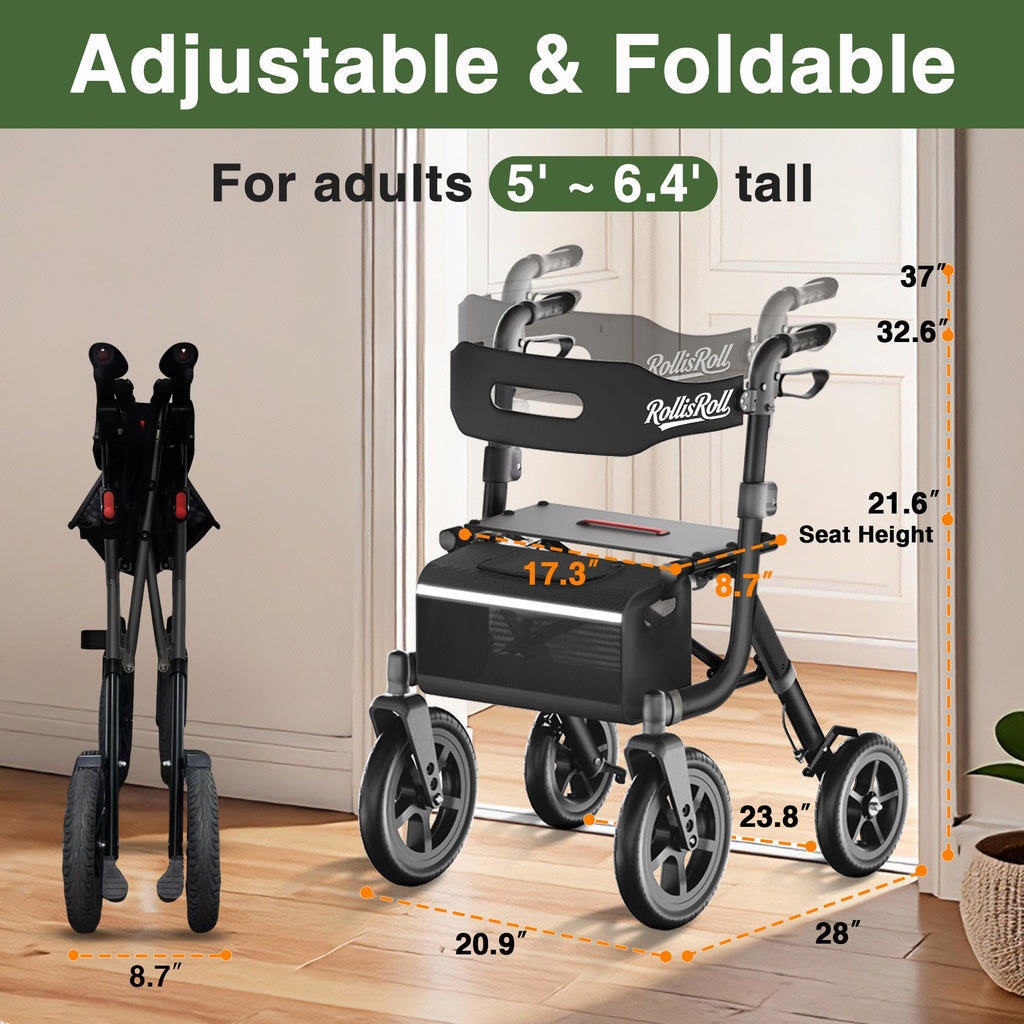 Black Foldable Rollator Walker with Seat, Backrest, 12" Rubber Wheels R25730