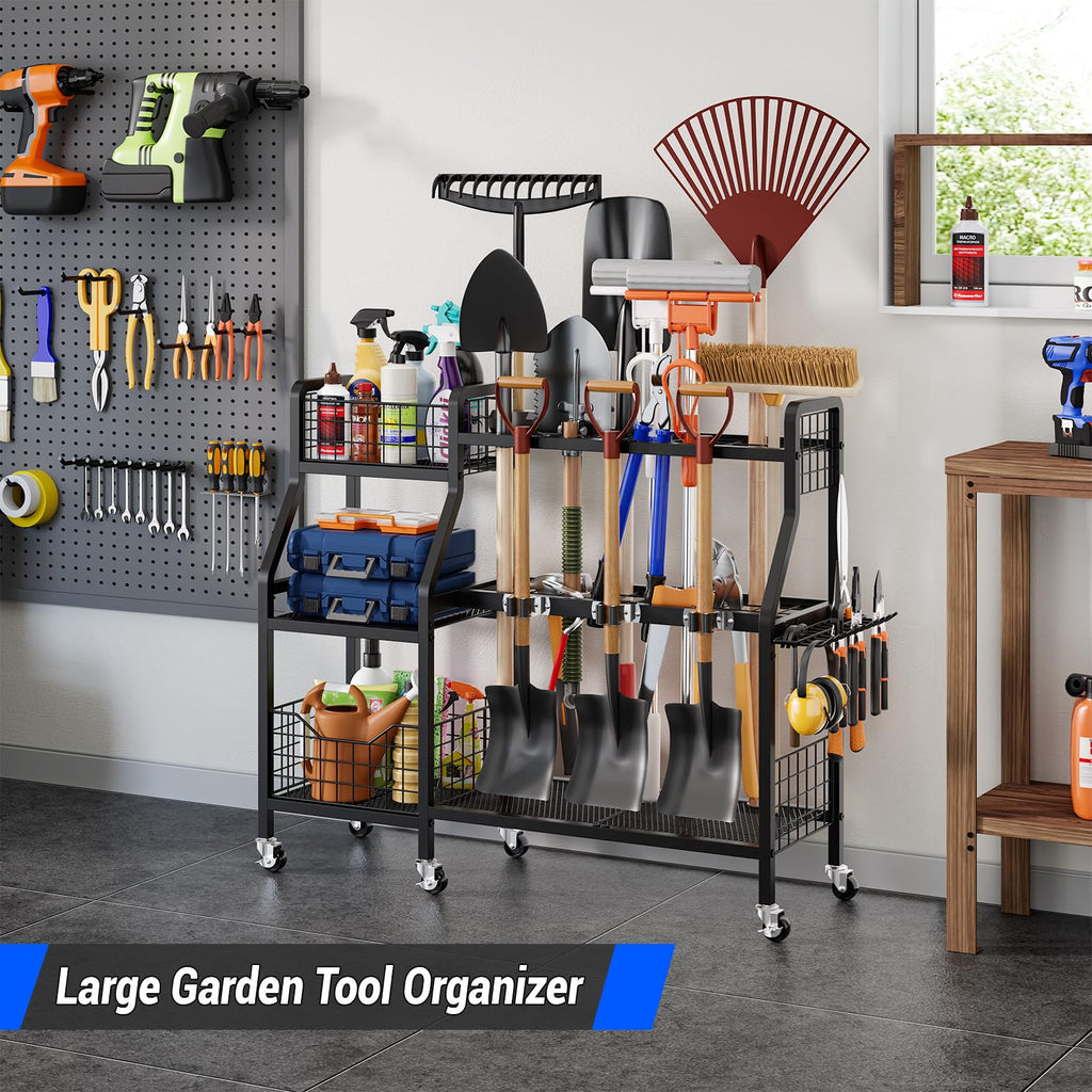 Heavy-Duty Garden Tool Organizer with 6 Wheels and 2 Baskets J8682