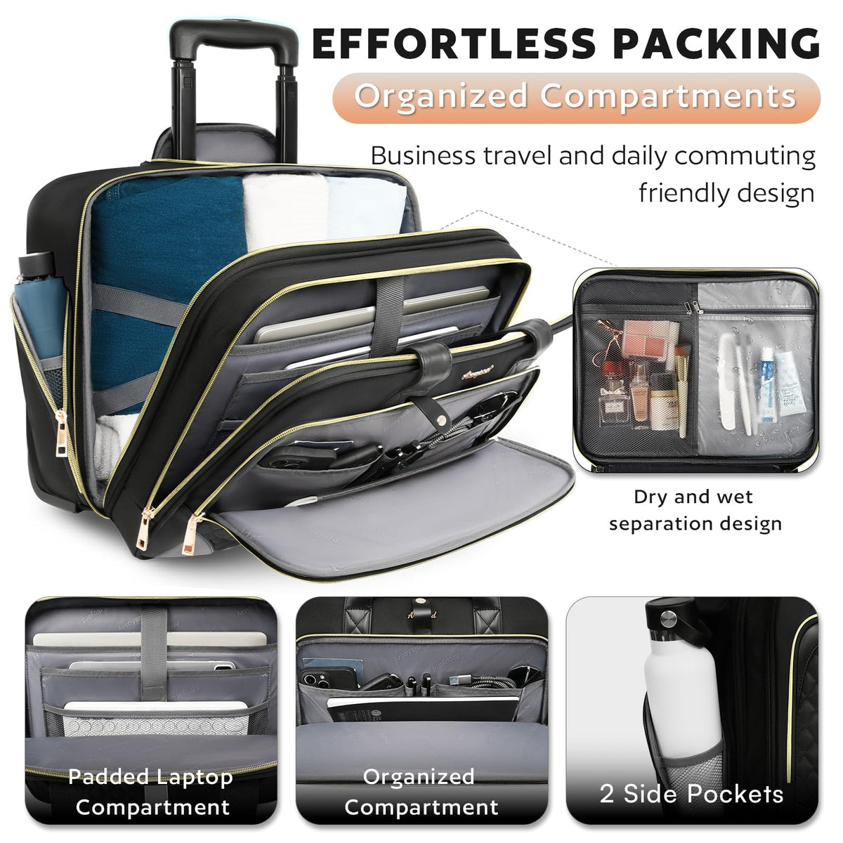 Rolling Laptop Bag with Wheels, 17 Inch Waterproof Black X39449