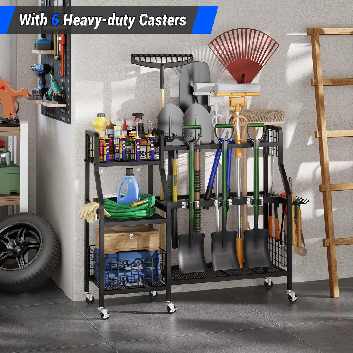 Heavy-Duty Garden Tool Organizer with 6 Wheels and 2 Baskets J8682