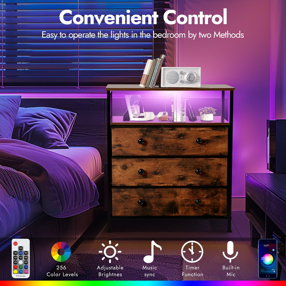 3-Drawer LED Nightstand with Charging Station L6616