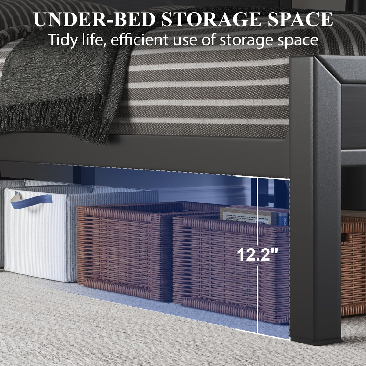 Full Size Bed Frame with Storage Headboard and LED Lights Y9142