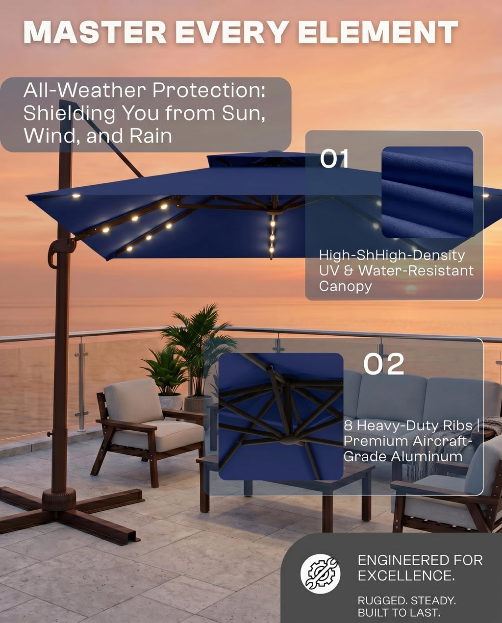 11x11 FT Double-Top Cantilever Patio Umbrella with Lights N85778
