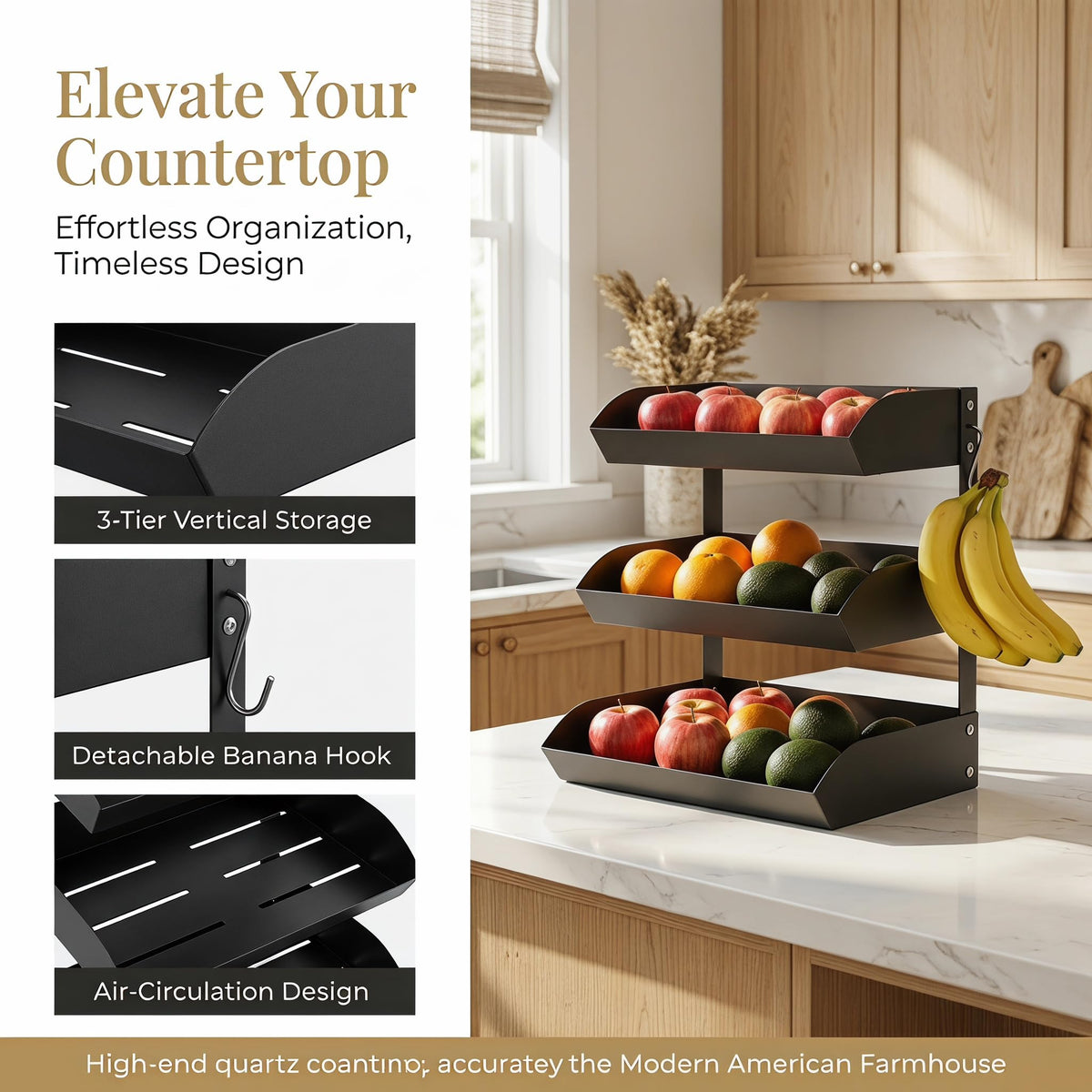 3-Tier Metal Fruit Basket with Banana Holder M106307