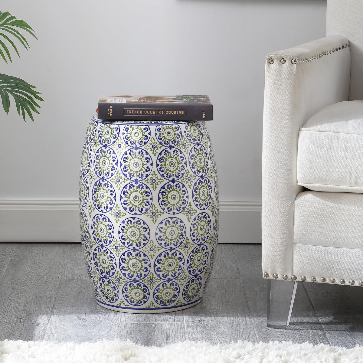 Blue Green Ceramic Drum Garden Stool Z900