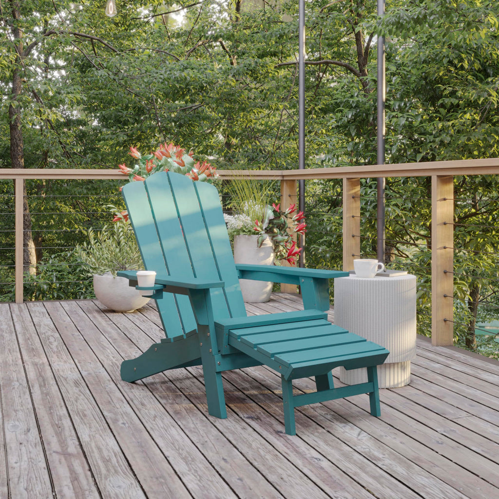 Blue HDPE Adirondack Chair with Cup Holder and Ottoman L669
